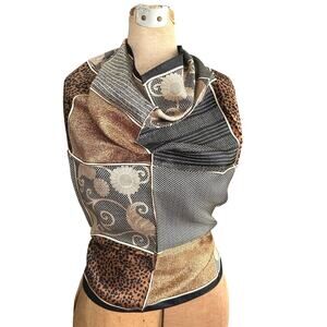 Vintage Talbots patchwork silk scarf 26” tan black animal print floral geometric